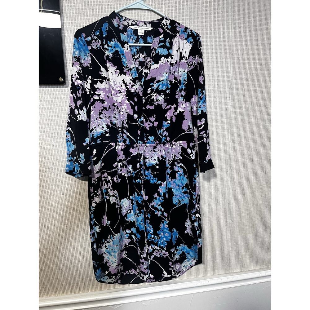 Diane von Furstenberg DVF Floral Shirt Dress Size 4 Blue Purple Long Sleeve - Picture 2 of 6